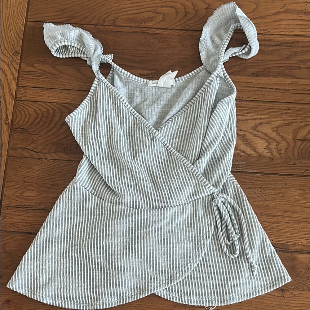 Caution To The Wind Blue and White Flutter Sleeve Wrap Top